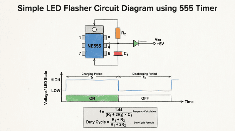 Simple LED Flasher Circuit diagram using 555 Timer
